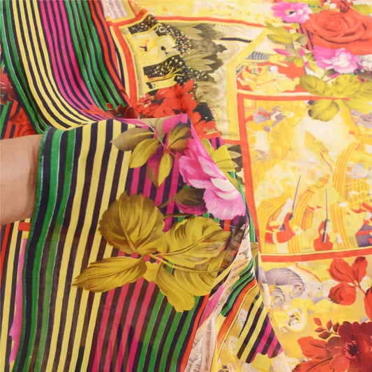 Санскритские винтажные желтые индийские сари Жоржетт с принтом Сари Декор Ремесло Экологичная ткань