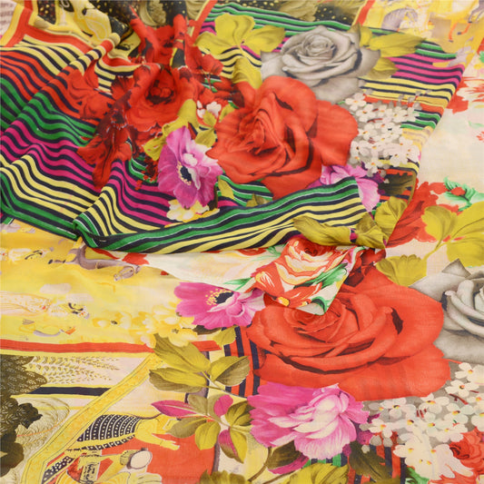 Sanskriti Vintage Sari Georgette Printed Yellow Indian Sarees 5 Yd Decor Craft Fabric For Crafting, Upcycling, or Even Wearing