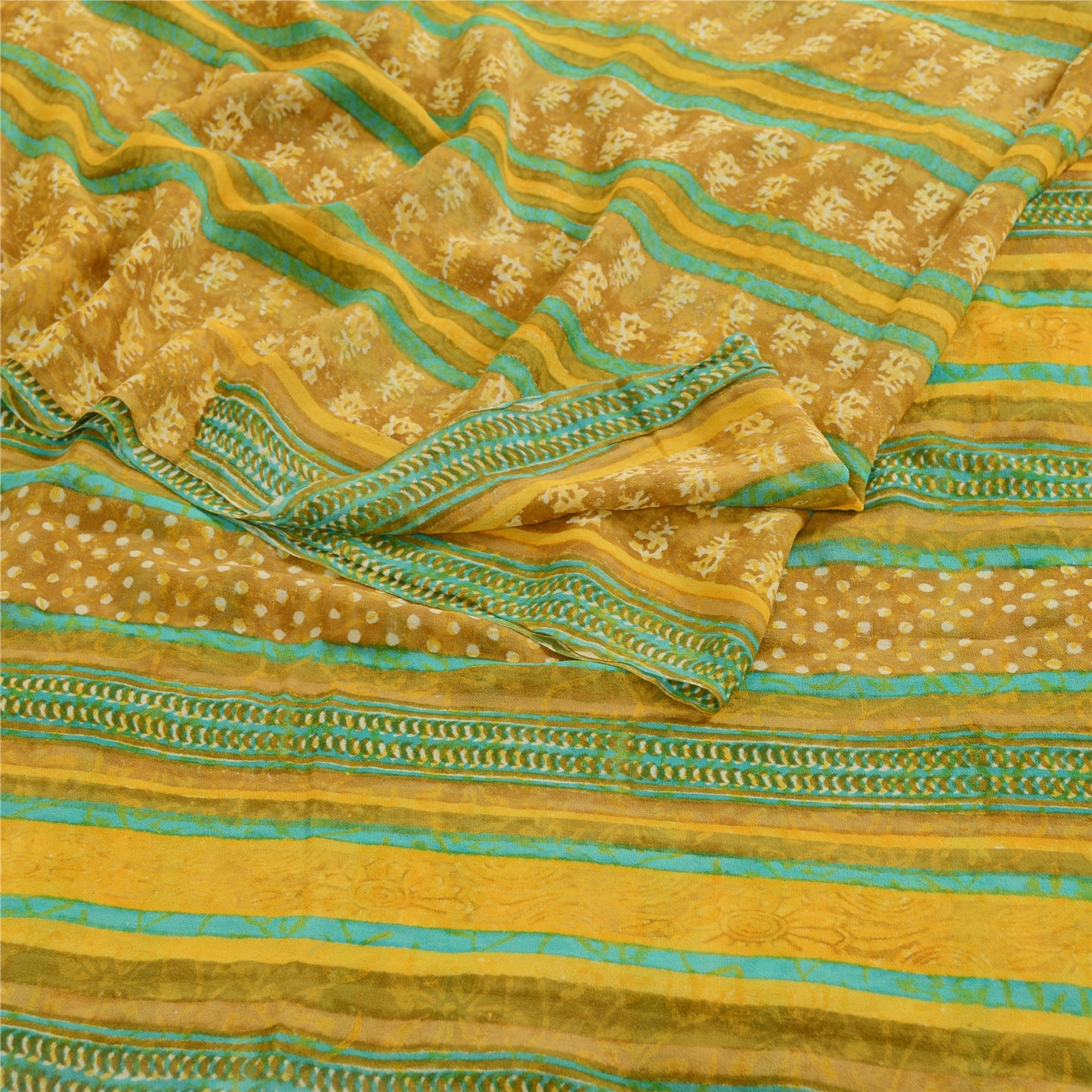 Sanskriti Vintage Mustard Sarees Pure Georgette Silk Printed Sari Craft Sustainable Fabric