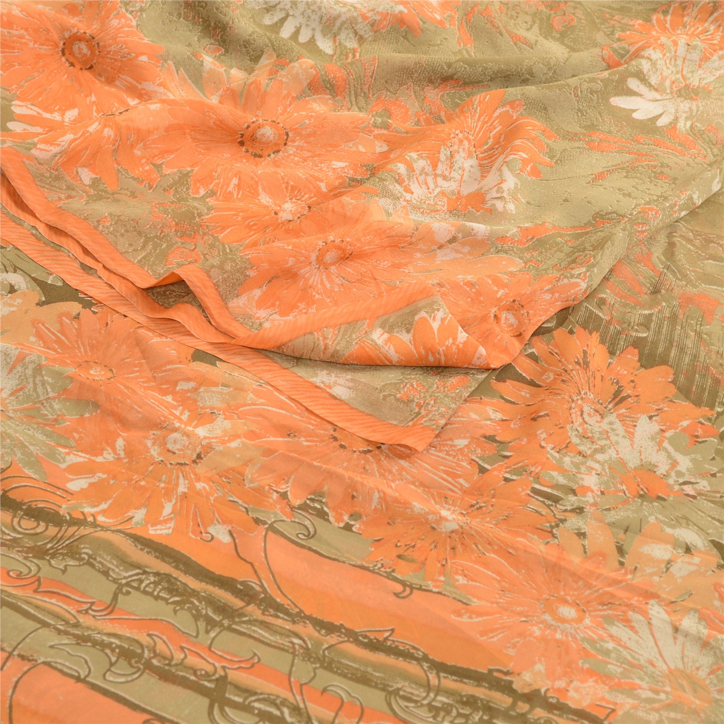 Sanskriti Vintage Sarees Green Pure Georgette Silk Printed Sari 5yd Craft Sustainable Fabric