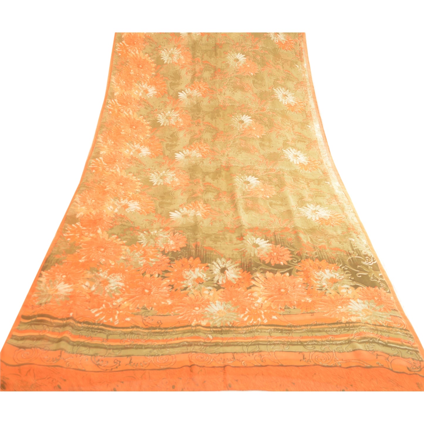 Sanskriti Vintage Sarees Green Pure Georgette Silk Printed Sari 5yd Craft Sustainable Fabric