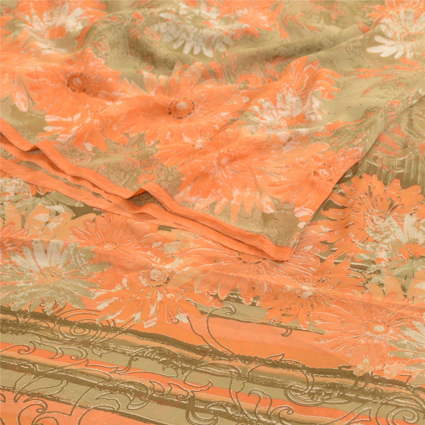 Sanskriti Vintage Sarees Green Pure Georgette Silk Printed Sari 5yd Craft Sustainable Fabric