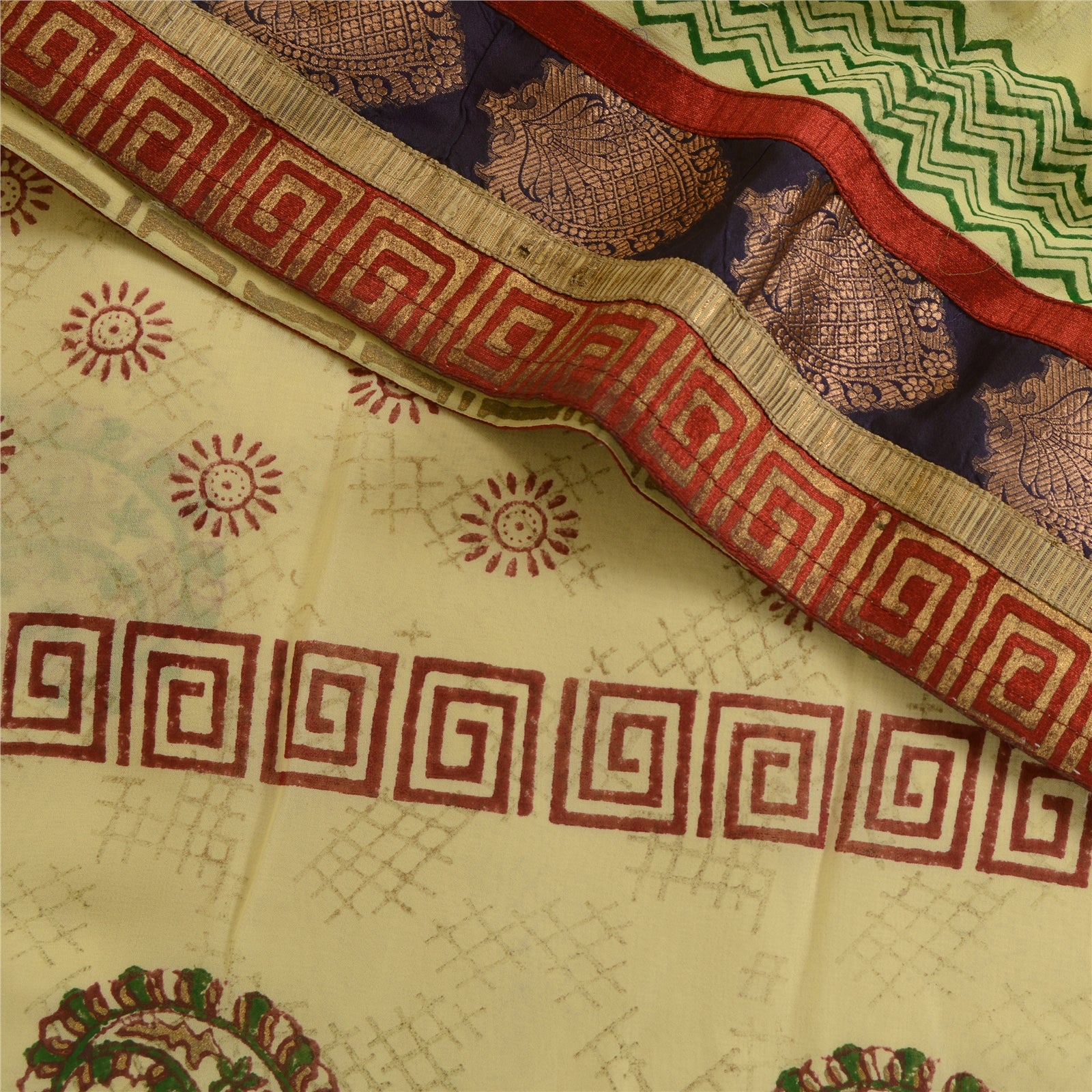 Sanskriti Vintage Saree Ivory Georgette Sari: Indian Hand Block Printed Floral Craft Fabric Home Decor, Women Outfit, Silk Scrap