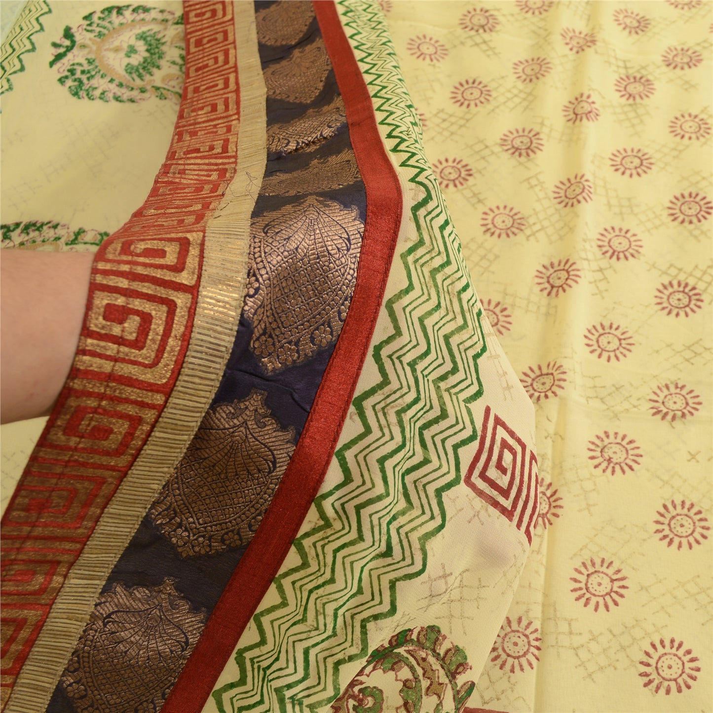 Sanskriti Vintage Sarees Ivory Hand Block Print Lace Blend Georgette Sari Sustainable Fabric