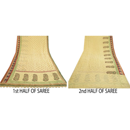 Sanskriti Vintage Sarees Ivory Hand Block Print Lace Blend Georgette Sari Sustainable Fabric