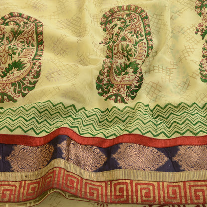 Sanskriti Vintage Sarees Ivory Hand Block Print Lace Blend Georgette Sari Sustainable Fabric
