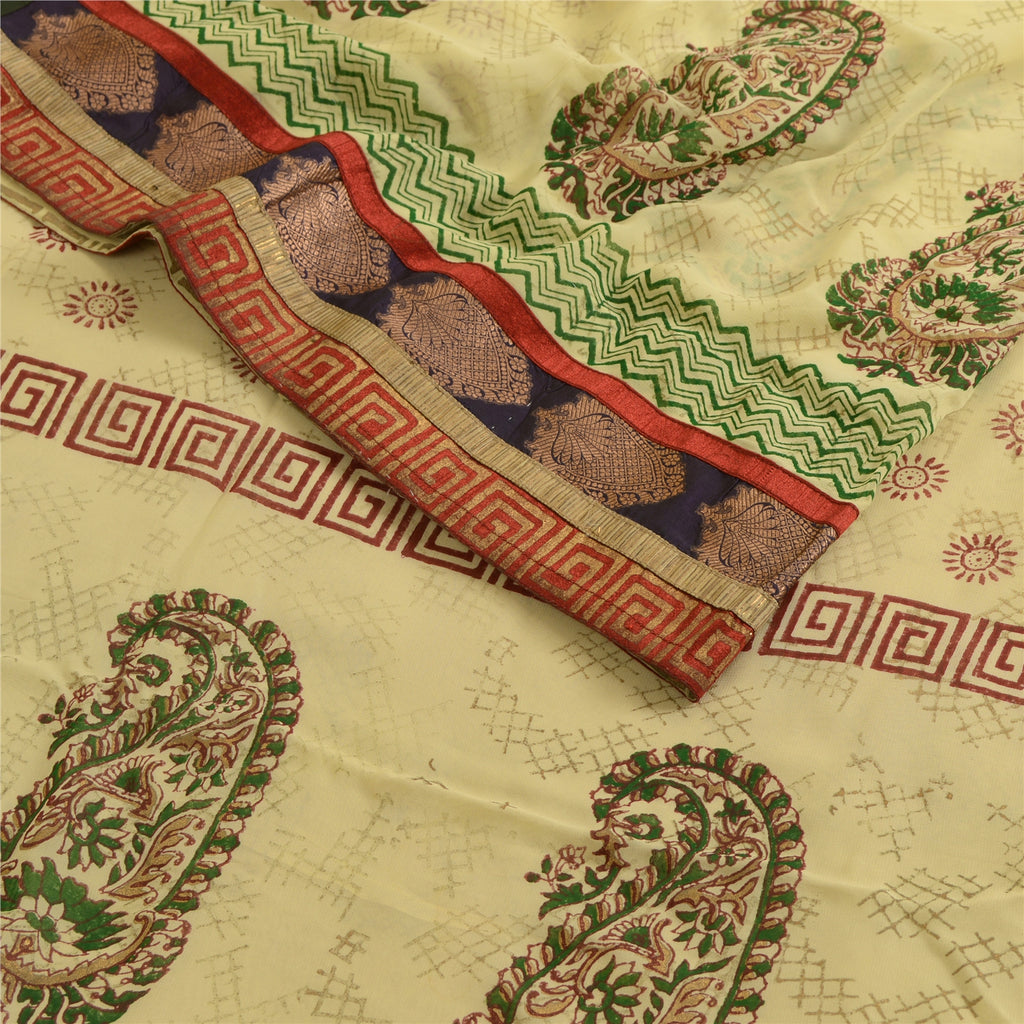 Sanskriti Vintage Sarees Ivory Hand Block Print Lace Blend Georgette Sari Sustainable Fabric