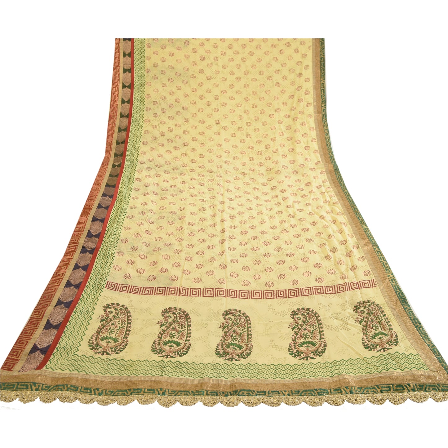 Sanskriti Vintage Sarees Ivory Hand Block Print Lace Blend Georgette Sari Sustainable Fabric
