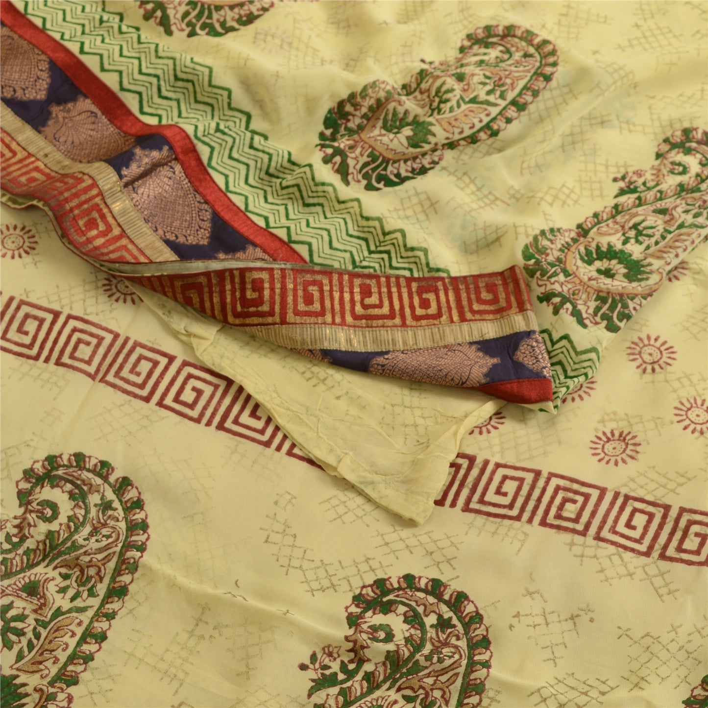 Sanskriti Vintage Sarees Ivory Hand Block Print Lace Blend Georgette Sari Sustainable Fabric