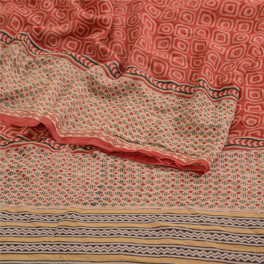 Sanskriti Vintage Sarees Red Block Printed Pure Georgette Silk Sari Craft Sustainable Fabric