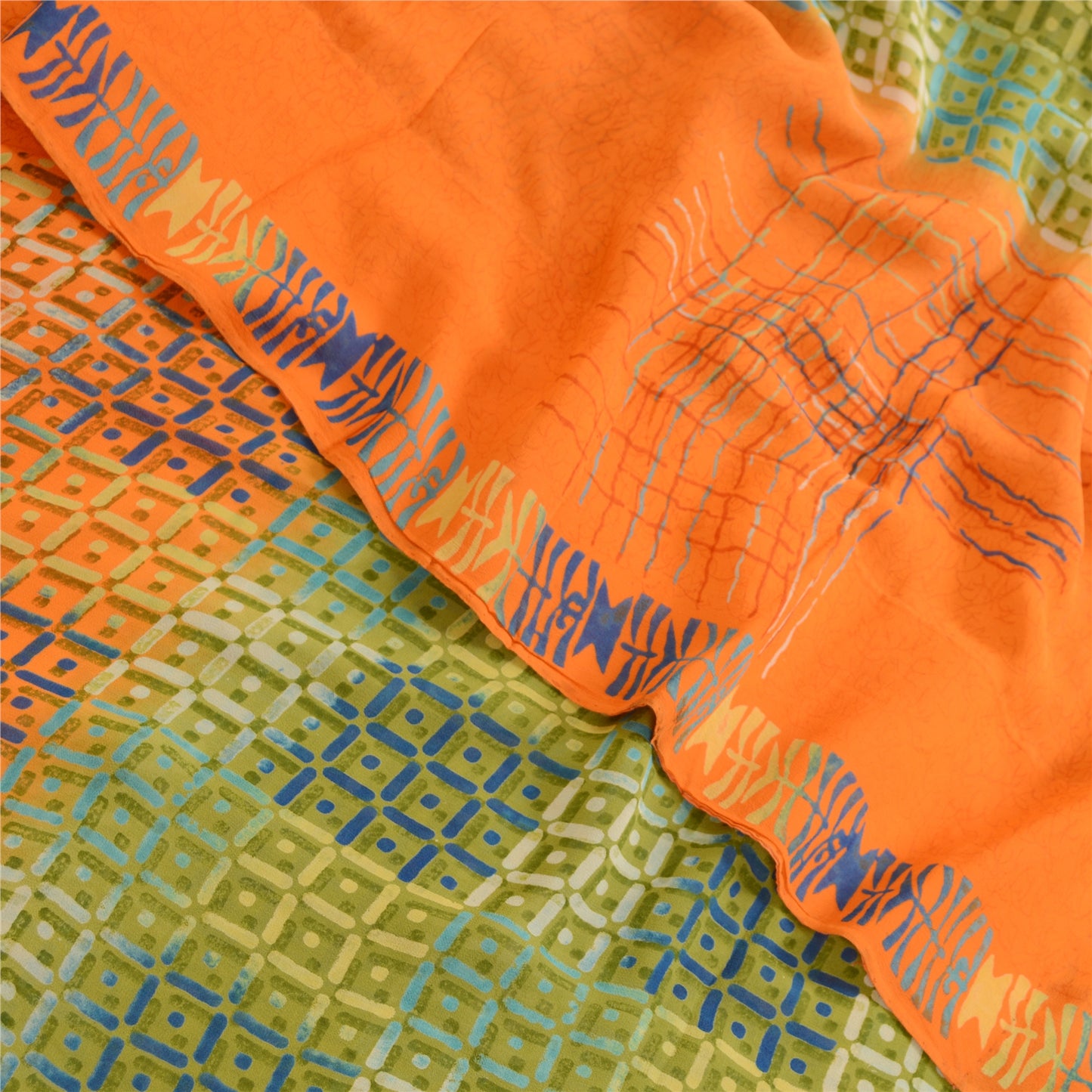 Sanskriti Vintage Sarees Green Pure Georgette Silk Printed Sari 5yd Craft Sustainable Fabric