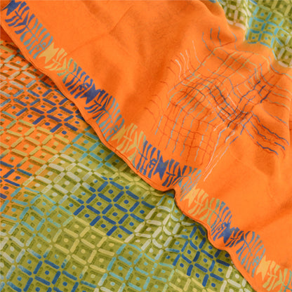 Sanskriti Vintage Sarees Green Pure Georgette Silk Printed Sari 5yd Craft Sustainable Fabric