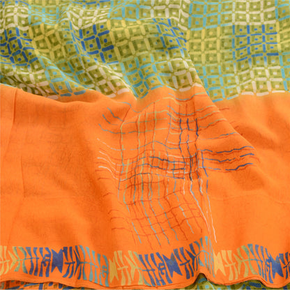 Sanskriti Vintage Sarees Green Pure Georgette Silk Printed Sari 5yd Craft Sustainable Fabric