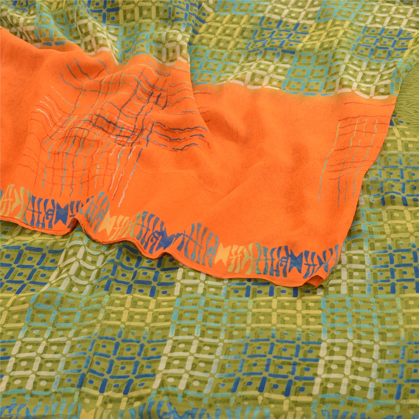 Sanskriti Vintage Sarees Green Pure Georgette Silk Printed Sari 5yd Craft Sustainable Fabric