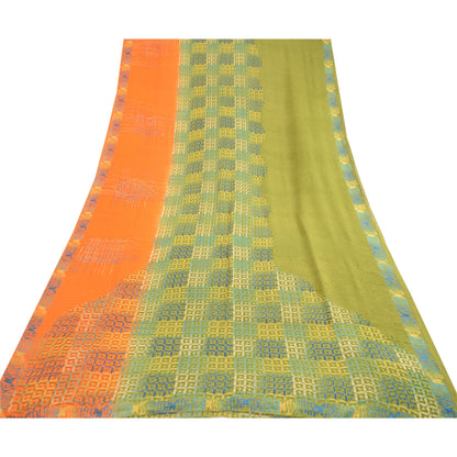 Sanskriti Vintage Sarees Green Pure Georgette Silk Printed Sari 5yd Craft Sustainable Fabric