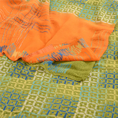 Sanskriti Vintage Sarees Green Pure Georgette Silk Printed Sari 5yd Craft Sustainable Fabric