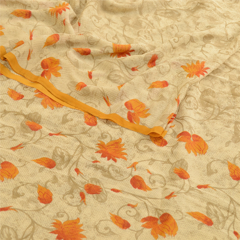 Sanskriti Vintage Sari 100% Pure Georgette Silk Green Printed Sarees 6Yd Craft Fabric Home Decor, Women Floral Outfitinge Felting, Scrap