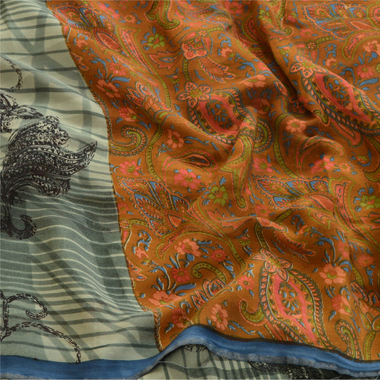 Sanskriti Vintage Sarees Gray Pure Georgette Silk Printed Sari 5yd Craft Sustainable Fabric