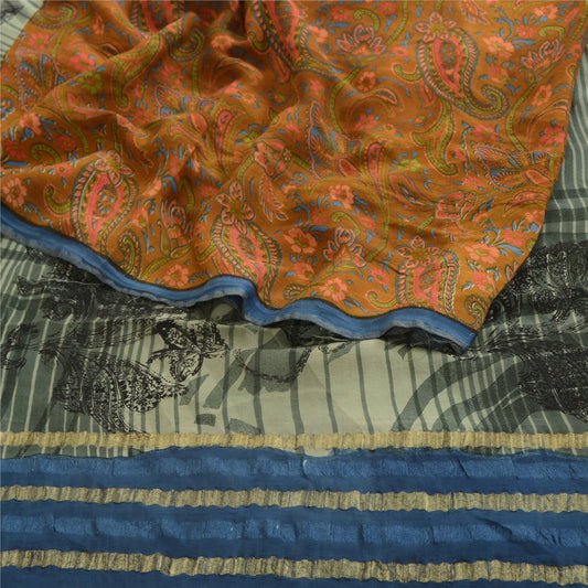 Sanskriti Vintage Sarees Gray Pure Georgette Silk Printed Sari 5yd Craft Sustainable Fabric
