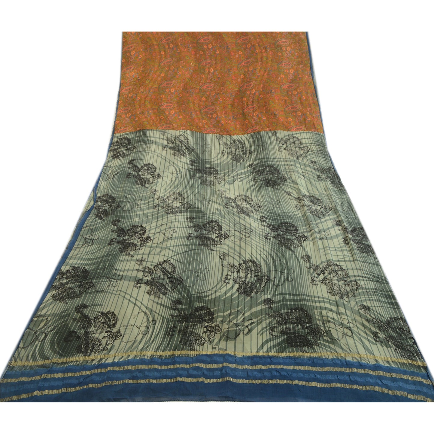 Сари из серого чистого шелка-жоржета с принтом на санскрите, 5 ярдов, ткань для рукоделия из экологически чистой ткани