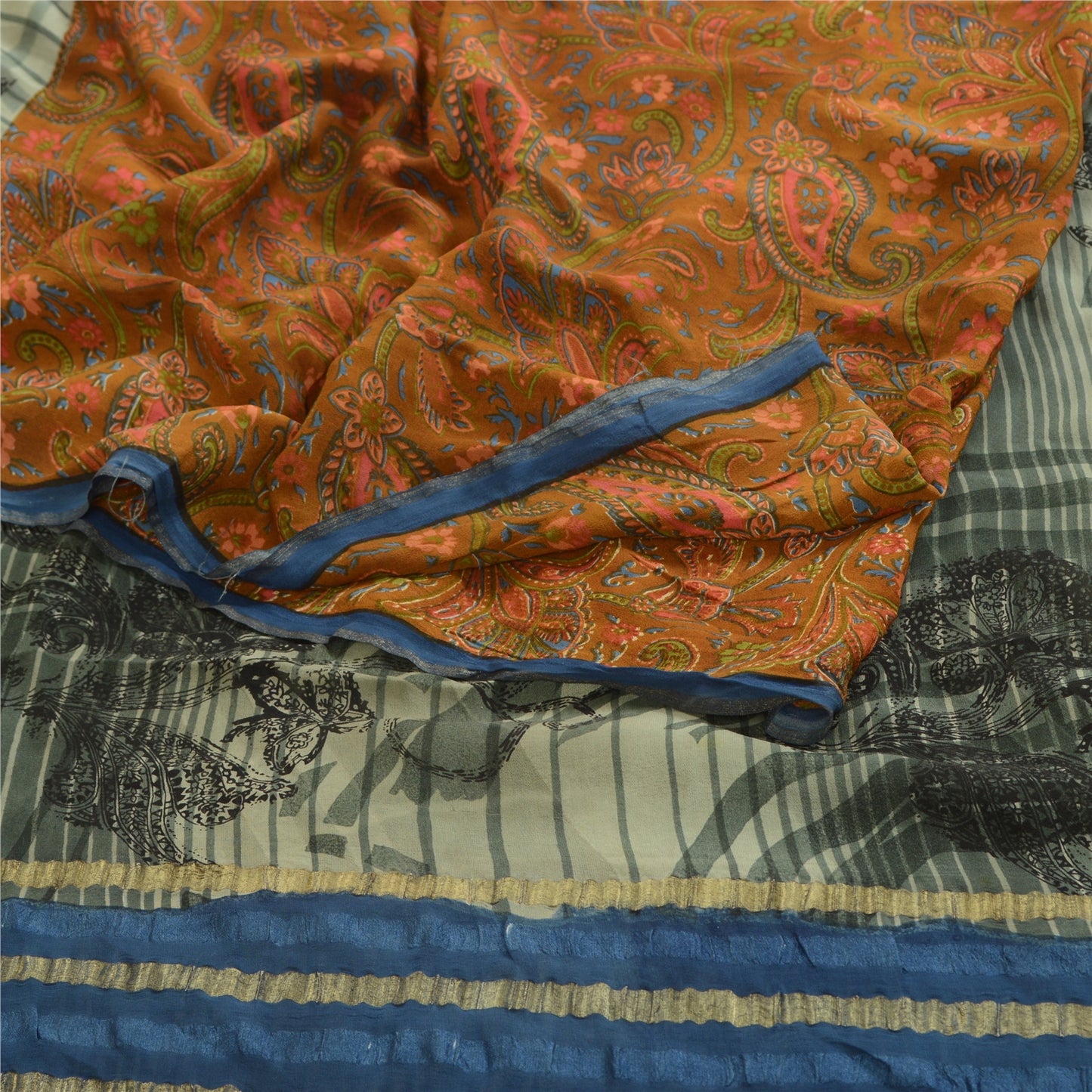 Сари из серого чистого шелка-жоржета с принтом на санскрите, 5 ярдов, ткань для рукоделия из экологически чистой ткани