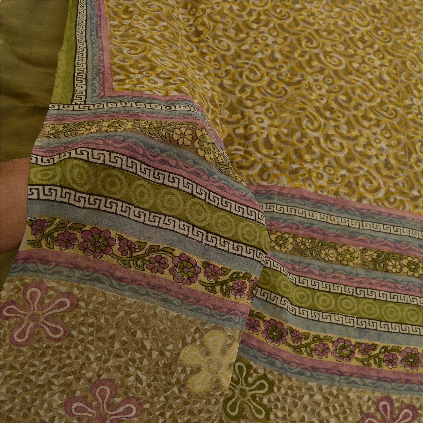 Sanskriti Vintage Sarees Green Pure Georgette Silk Printed Sari 5yd Craft Sustainable Fabric