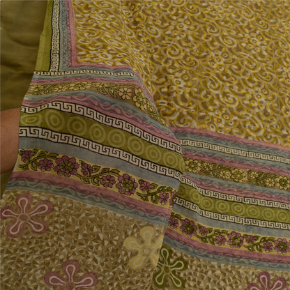 Sanskriti Vintage Sarees Green Pure Georgette Silk Printed Sari 5yd Craft Sustainable Fabric