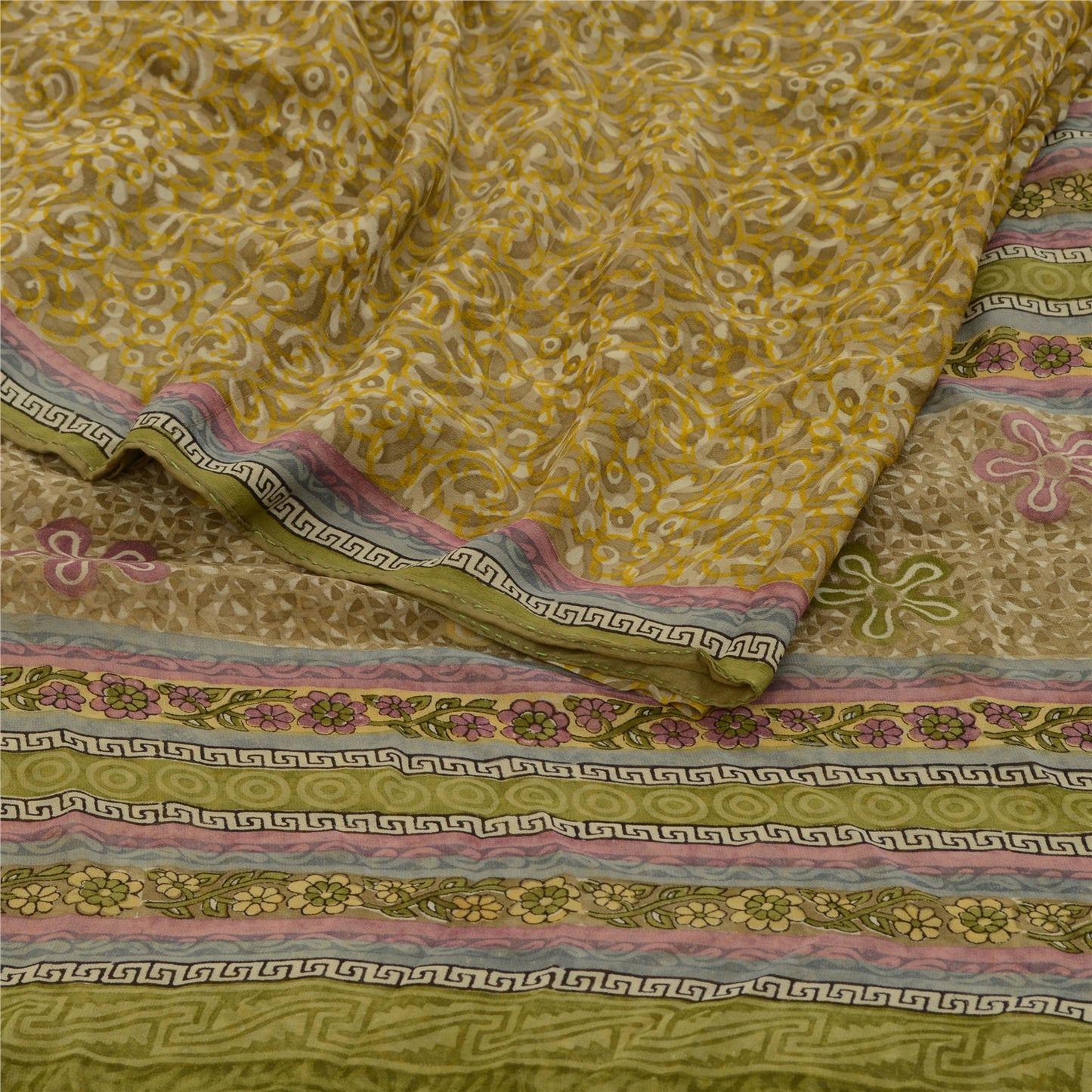 Sanskriti Vintage Sarees Green Pure Georgette Silk Printed Sari 5yd Craft Sustainable Fabric