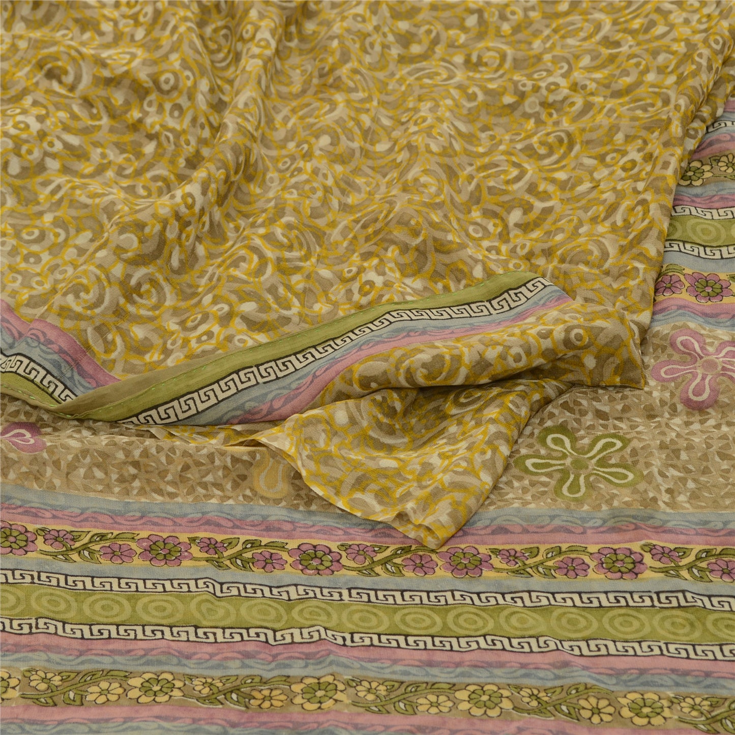 Sanskriti Vintage Sarees Green Pure Georgette Silk Printed Sari 5yd Craft Sustainable Fabric