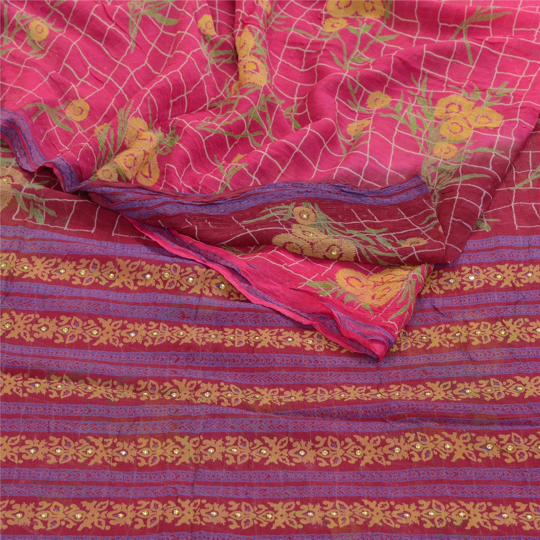 Sanskriti Vintage Sarees Purple Pure Chiffon Silk Rhienstone Printed Sari Fabric