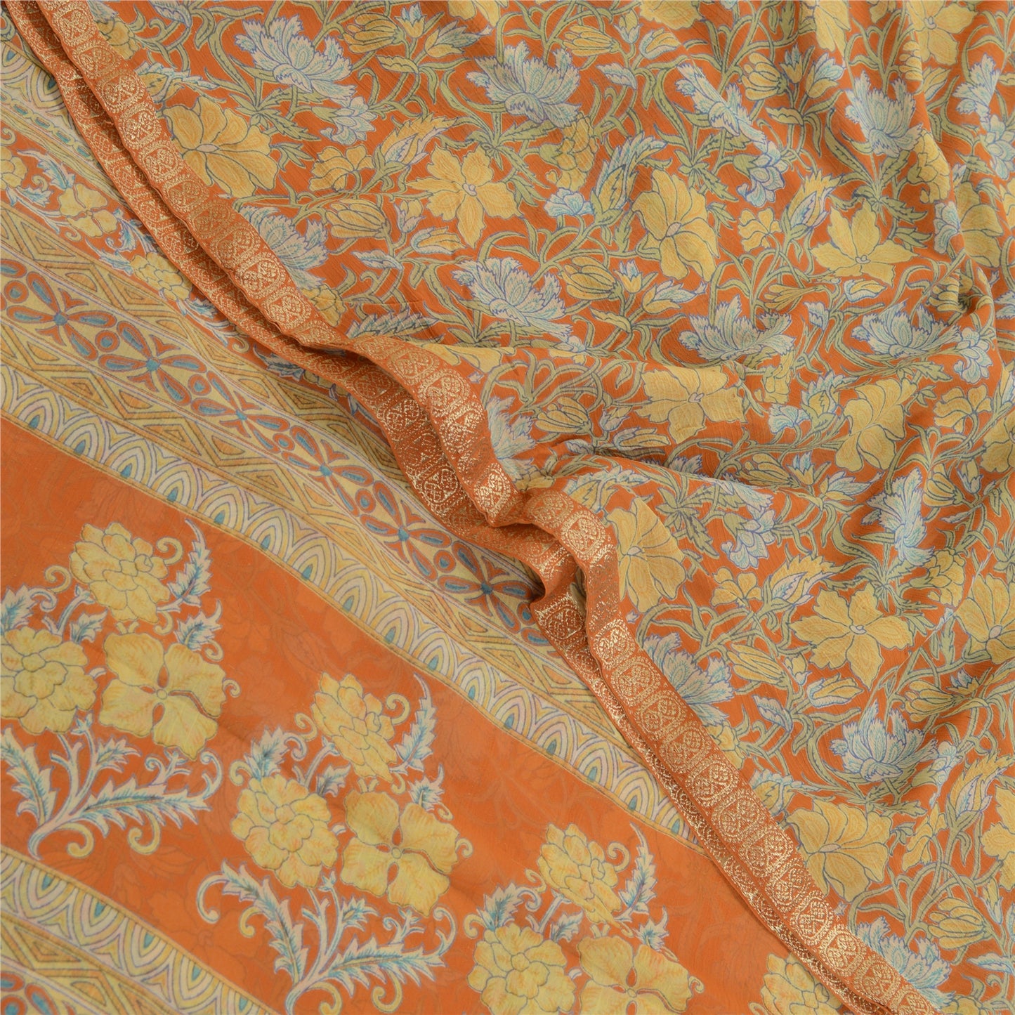 Sanskriti Vintage Sarees Indian Orange Georgette Printed Sari Soft Craft Sustainable Fabric