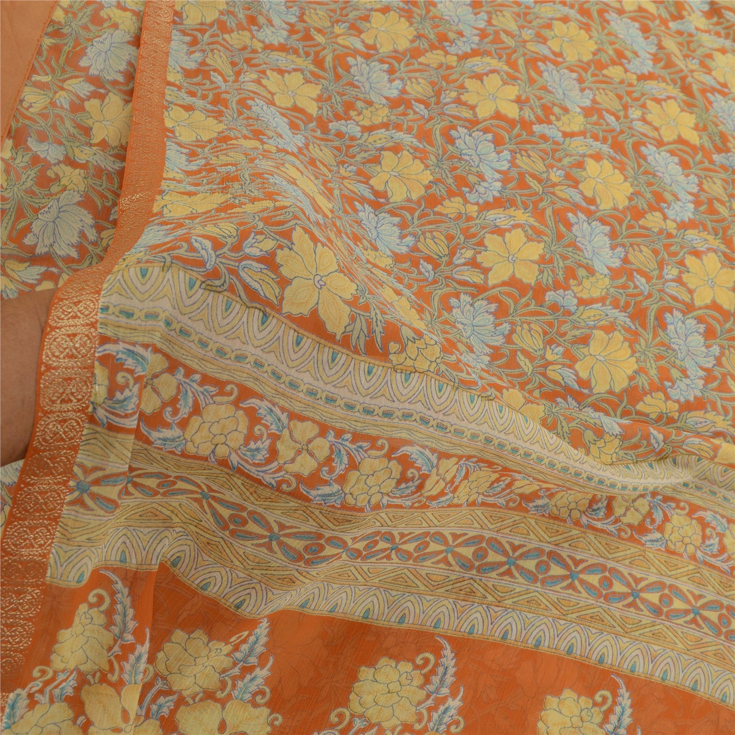 Sanskriti Vintage Sarees Indian Orange Georgette Printed Sari Soft Craft Sustainable Fabric