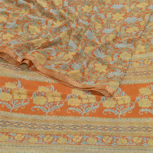 Санскритские винтажные сари индийское оранжевое жоржетовое сари с принтом мягкая ткань для рукоделия из экологически чистой ткани