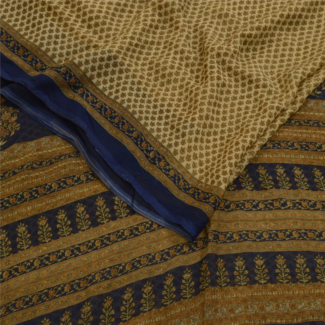 Sanskriti Vintage Sarees Cream Pure Chiffon Silk Printed Sari 5yd Craft Fabric