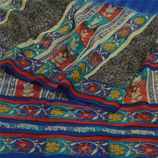 Sanskriti Vintage Sarees Black Pure Georgette Silk Printed Sari 5yd Craft Sustainable Fabric