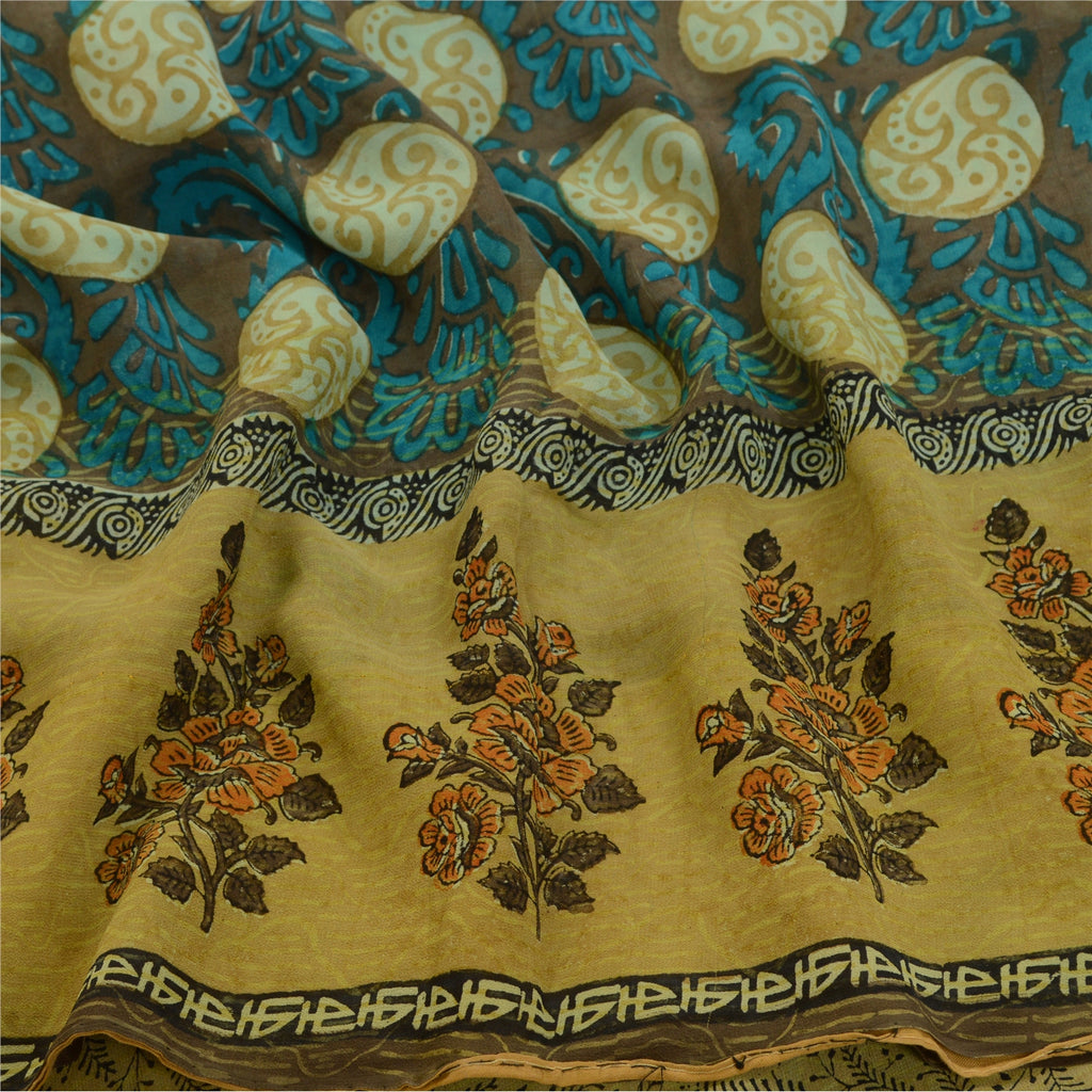 Sanskriti Vintage Sarees Green Pure Georgette Silk Print Sari Soft Craft Sustainable Fabric