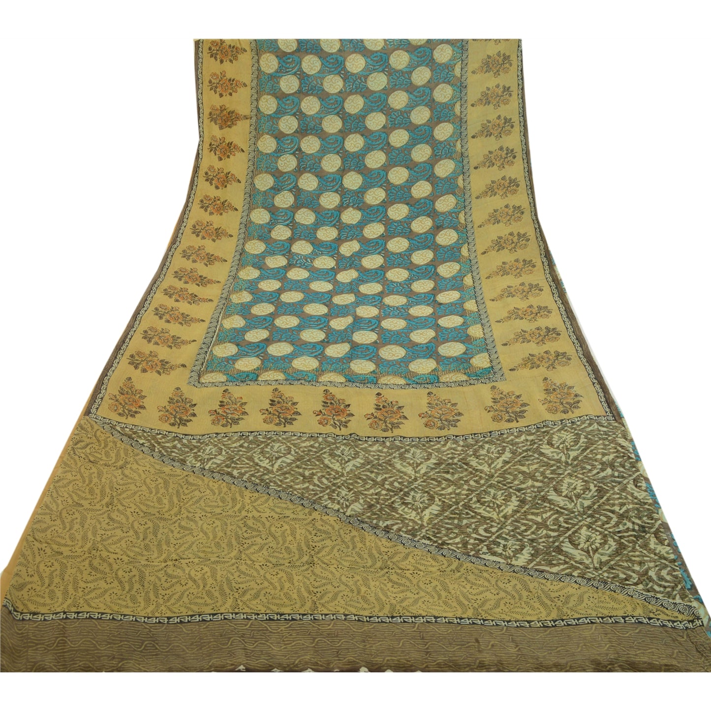 Sanskriti Vintage Sarees Green Pure Georgette Silk Print Sari Soft Craft Sustainable Fabric