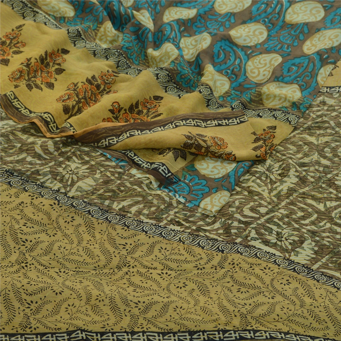 Sanskriti Vintage Sarees Green Pure Georgette Silk Print Sari Soft Craft Sustainable Fabric