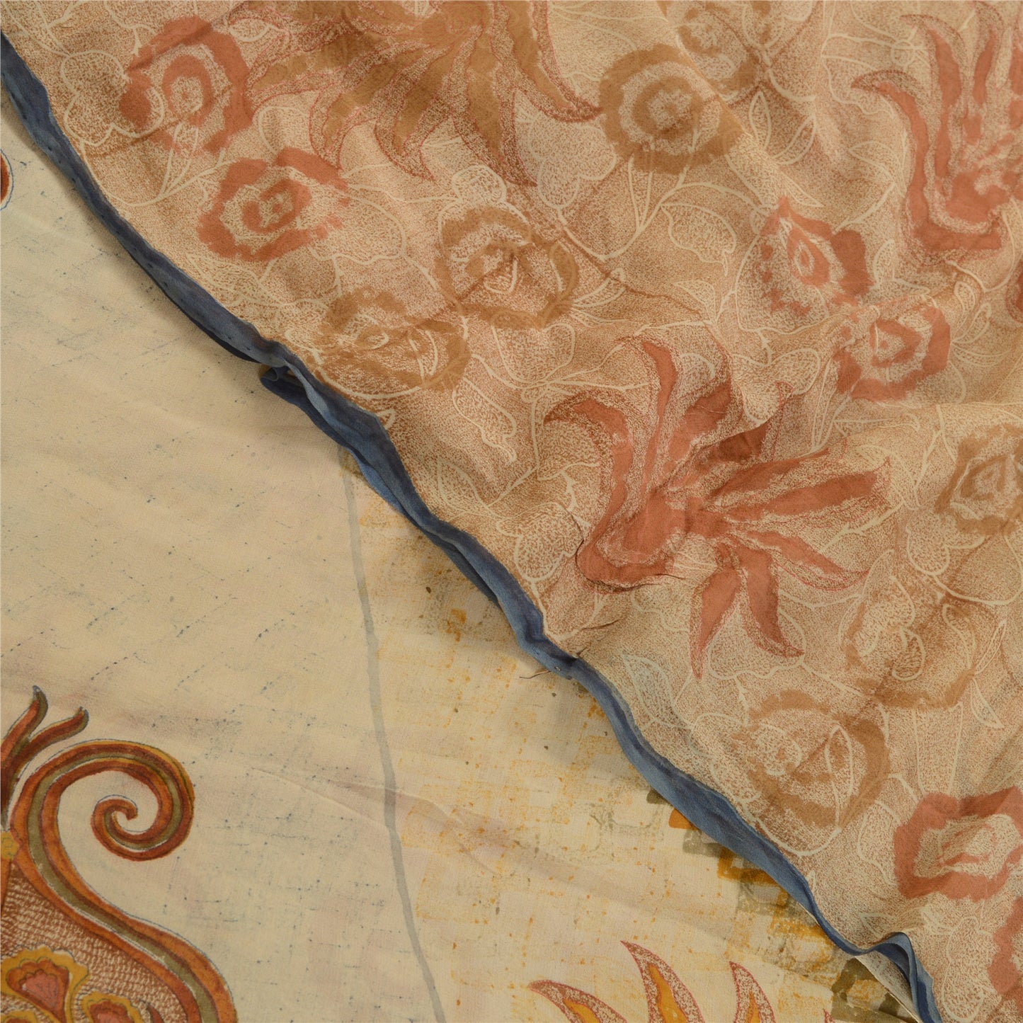 Sanskriti Vintage Sarees Cream Printed Pure Georgette Silk Sari 5yd Craft Sustainable Fabric