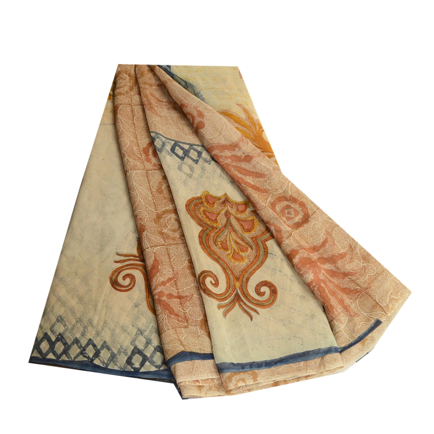 Sanskriti Vintage Sarees Cream Printed Pure Georgette Silk Sari 5yd Craft Sustainable Fabric
