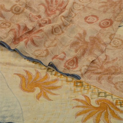 Sanskriti Vintage Sarees Cream Printed Pure Georgette Silk Sari 5yd Craft Sustainable Fabric