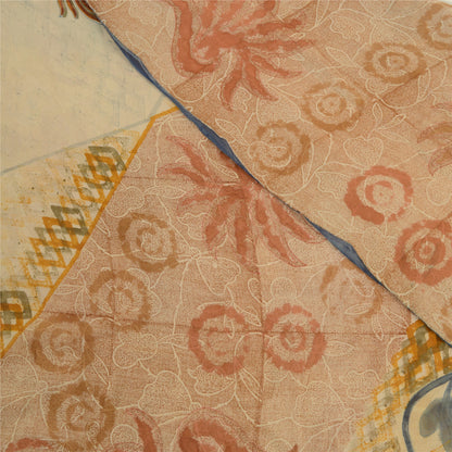 Sanskriti Vintage Sarees Cream Printed Pure Georgette Silk Sari 5yd Craft Sustainable Fabric