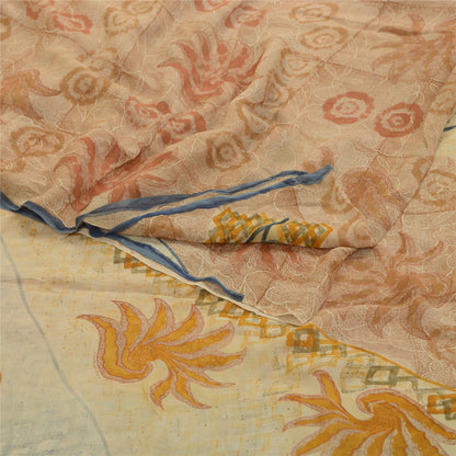 Sanskriti Vintage Sarees Cream Printed Pure Georgette Silk Sari 5yd Craft Sustainable Fabric
