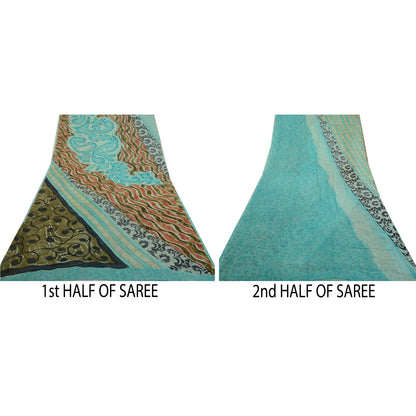 Sanskriti Vintage Sarees Blue Pure Georgette Silk Printed Sari 5yd Craft Sustainable Fabric