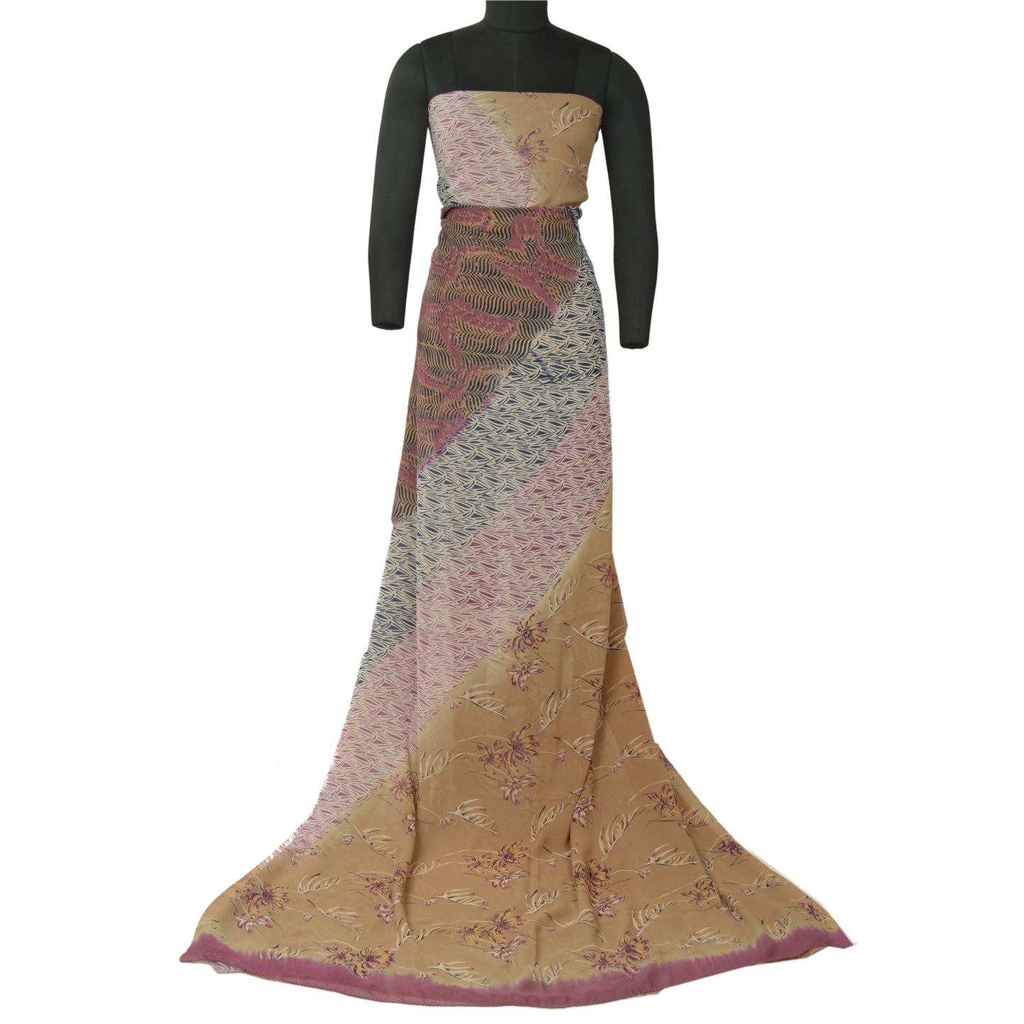 Сари из санскритского винтажного коричневого чистого шелка-жоржета с принтом 5 ярдов ткань для рукоделия из экологически чистой ткани