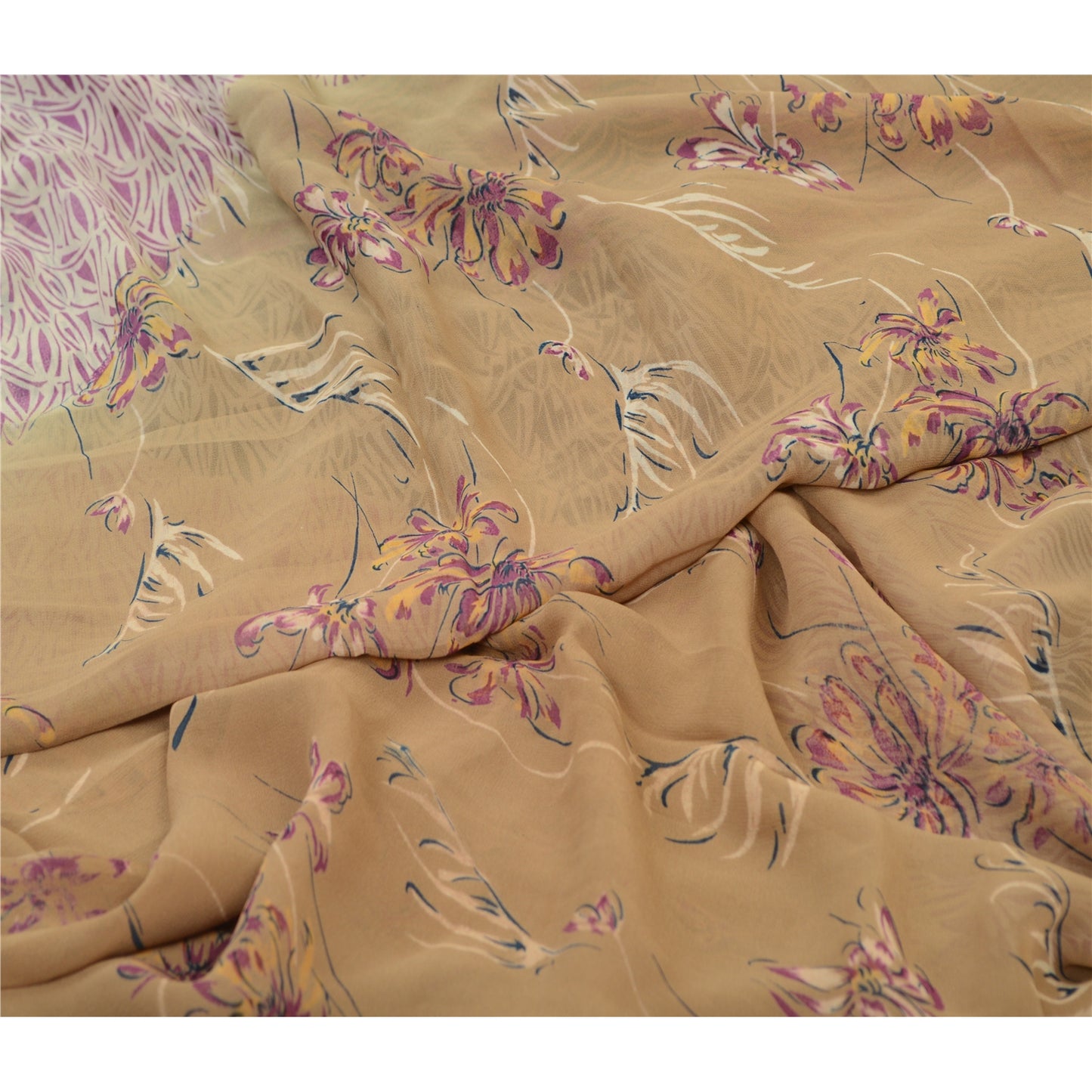 Сари из санскритского винтажного коричневого чистого шелка-жоржета с принтом 5 ярдов ткань для рукоделия из экологически чистой ткани