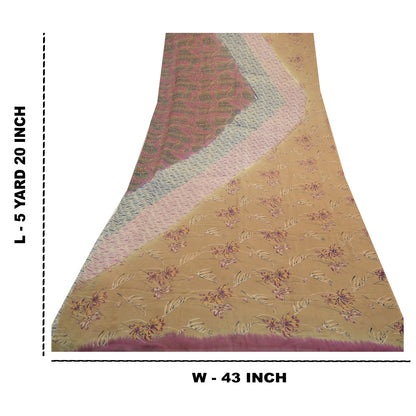 Сари из санскритского винтажного коричневого чистого шелка-жоржета с принтом 5 ярдов ткань для рукоделия из экологически чистой ткани