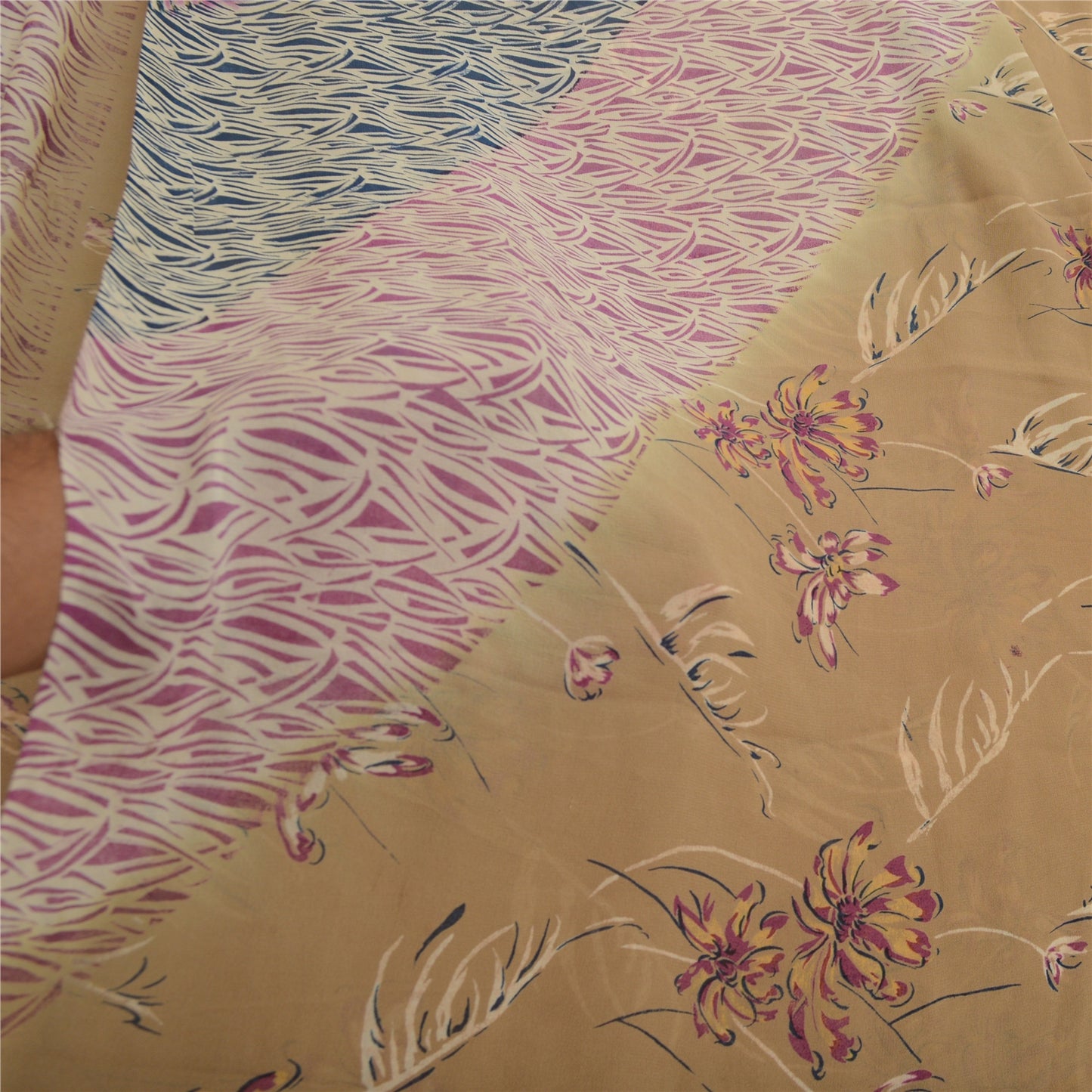 Сари из санскритского винтажного коричневого чистого шелка-жоржета с принтом 5 ярдов ткань для рукоделия из экологически чистой ткани