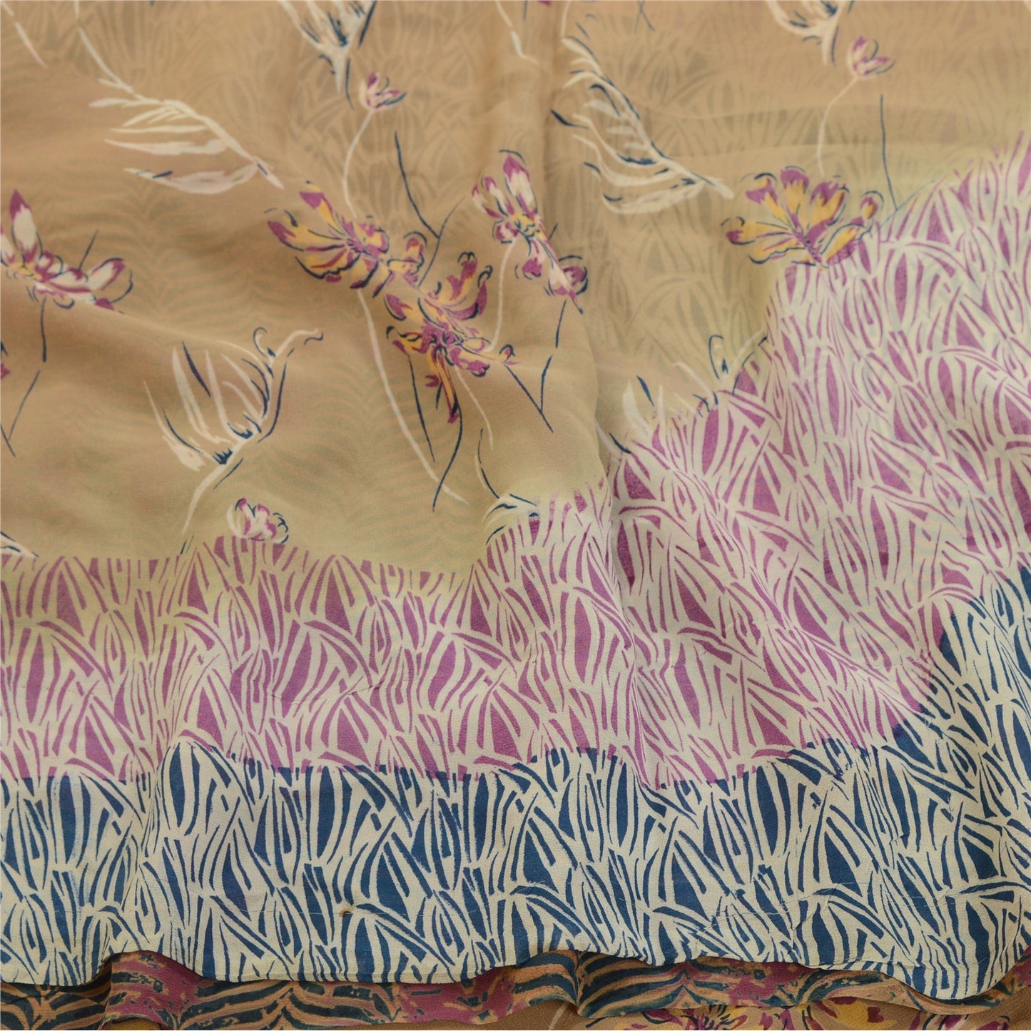 Сари из санскритского винтажного коричневого чистого шелка-жоржета с принтом 5 ярдов ткань для рукоделия из экологически чистой ткани