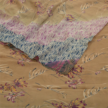 Сари из санскритского винтажного коричневого чистого шелка-жоржета с принтом 5 ярдов ткань для рукоделия из экологически чистой ткани